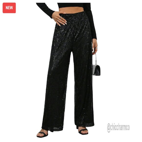 Sequin Sparkle Pants Elastic Waist Wide Leg Party Trousers